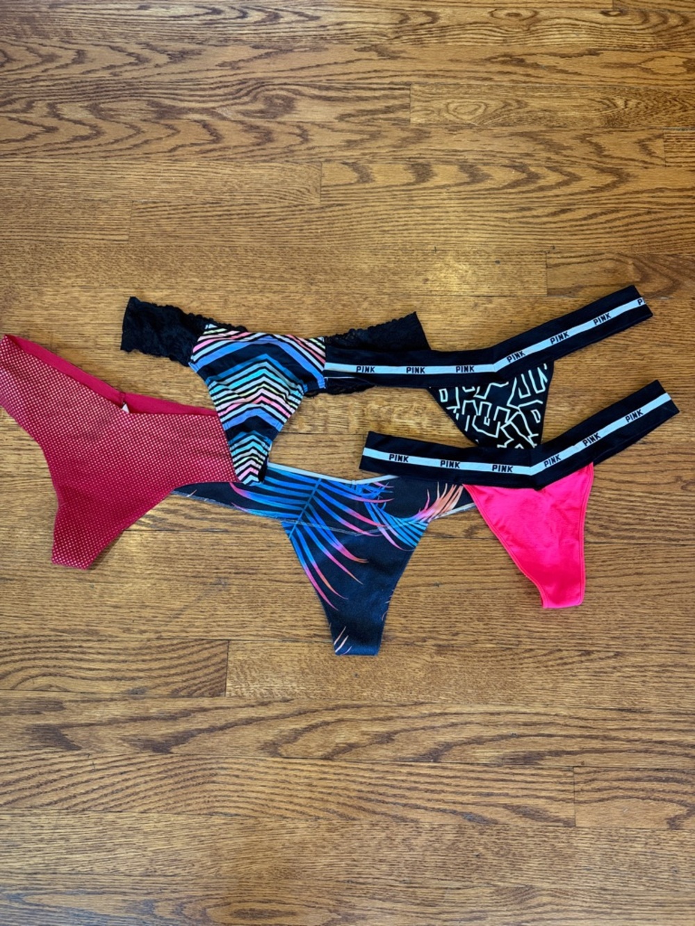 PINK Victoria's Secret Thong Bottoms in Hot Pink, Black, Multicolor, Red